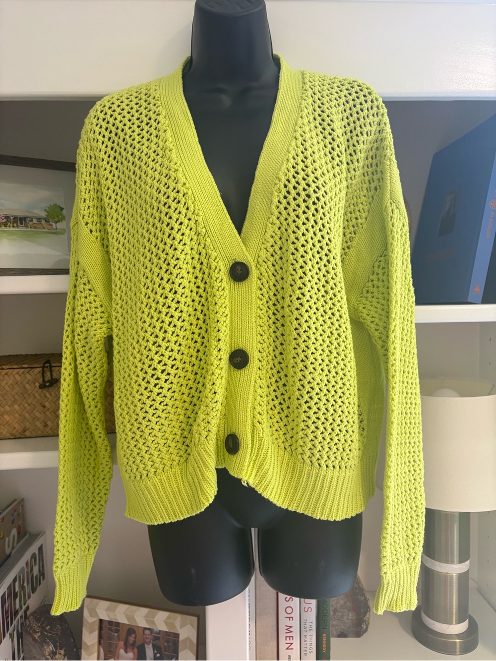 Self Contrast Neon Lime Open-Knit Button Cardigan Sweater - Women